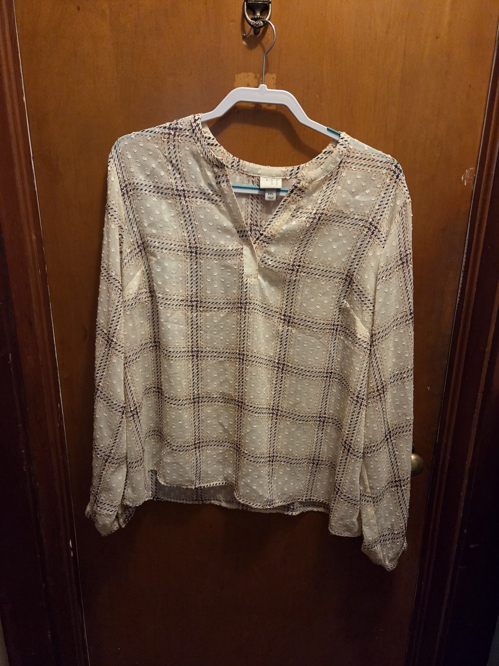 A New Day Cream Plaid Eyelet V-Neck Blouse